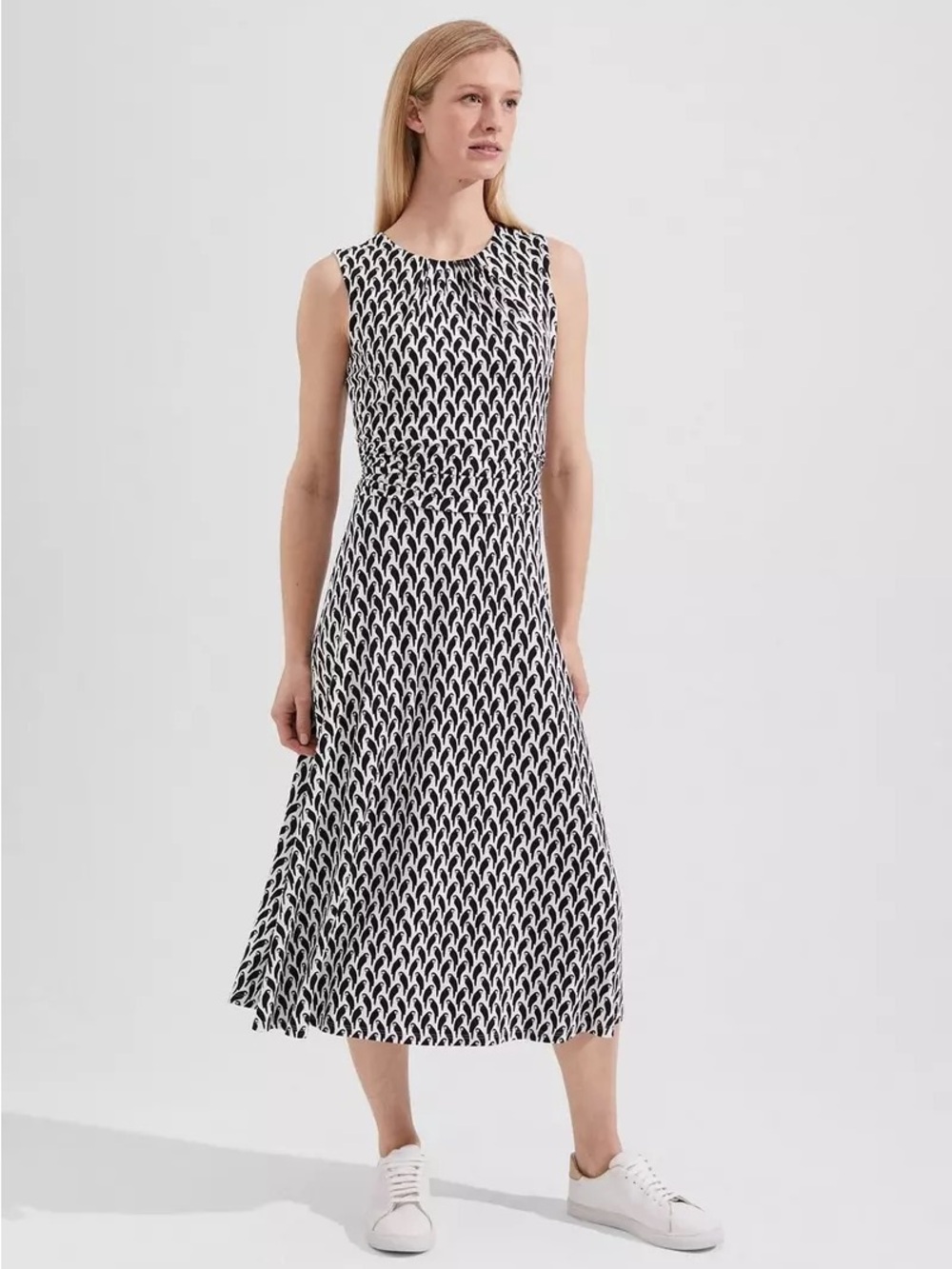 HOBBS Sleeveless Black & White Patterned Midi Dress